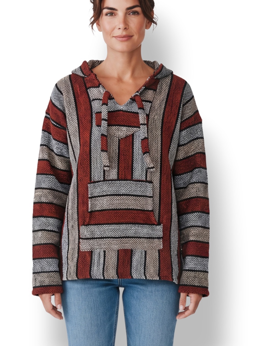 4/$20 Artesanias Mickey Baja Hoodie Large Red Black Striped Mexican Pullover